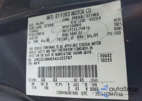 2004 Mercury Mountaineer из США, поврежденный, VIN 4M2ZU86K54UJ23787